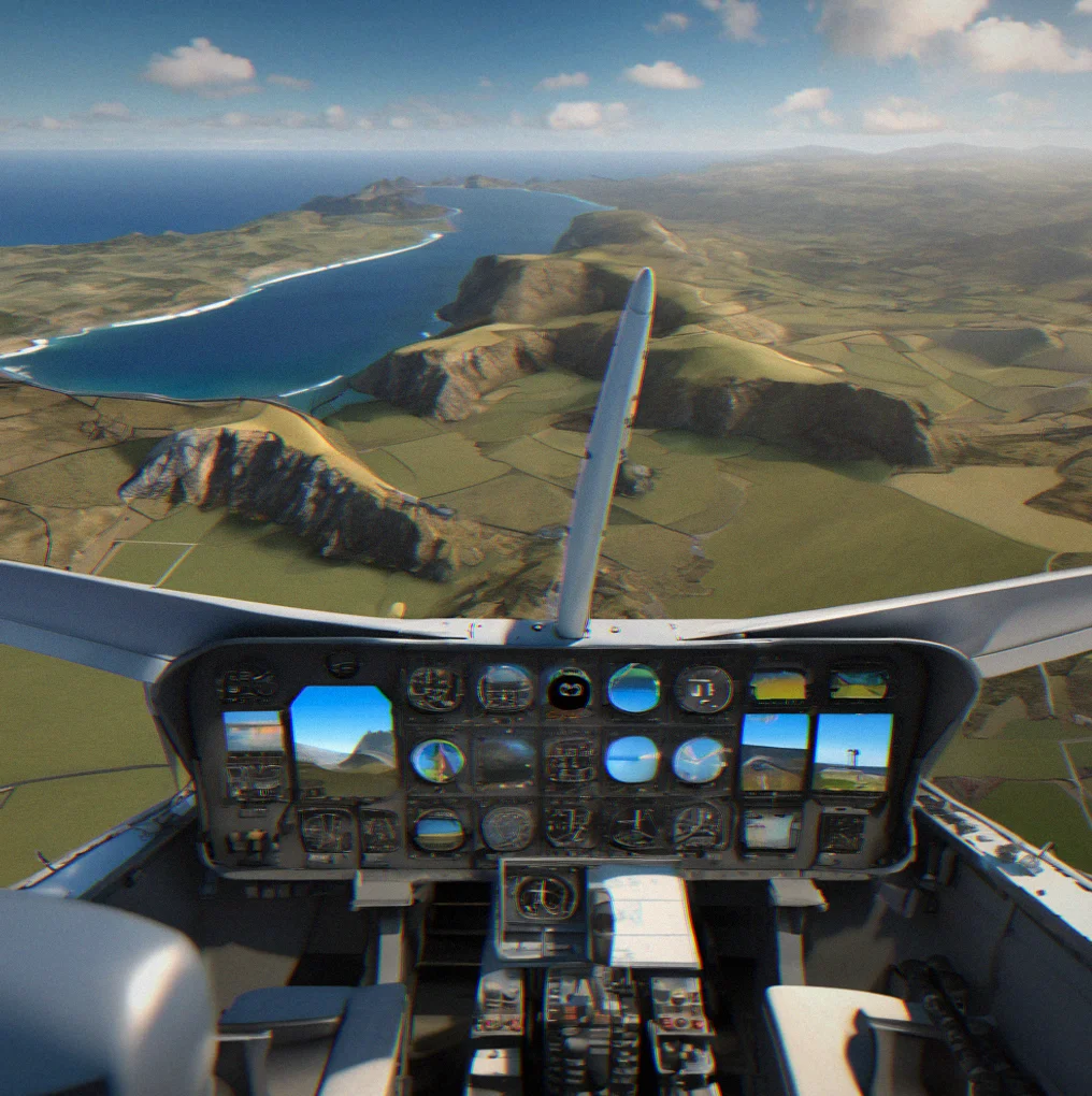 Cockpit view of propeller arc with coastal ridge line and Pacific Ocean layered in blue-grey bands below