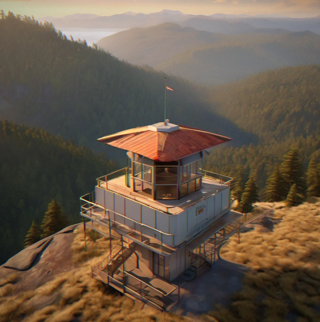 Fire lookout tower on isolated ridge with forested slopes falling away into a valley filled with afternoon haze