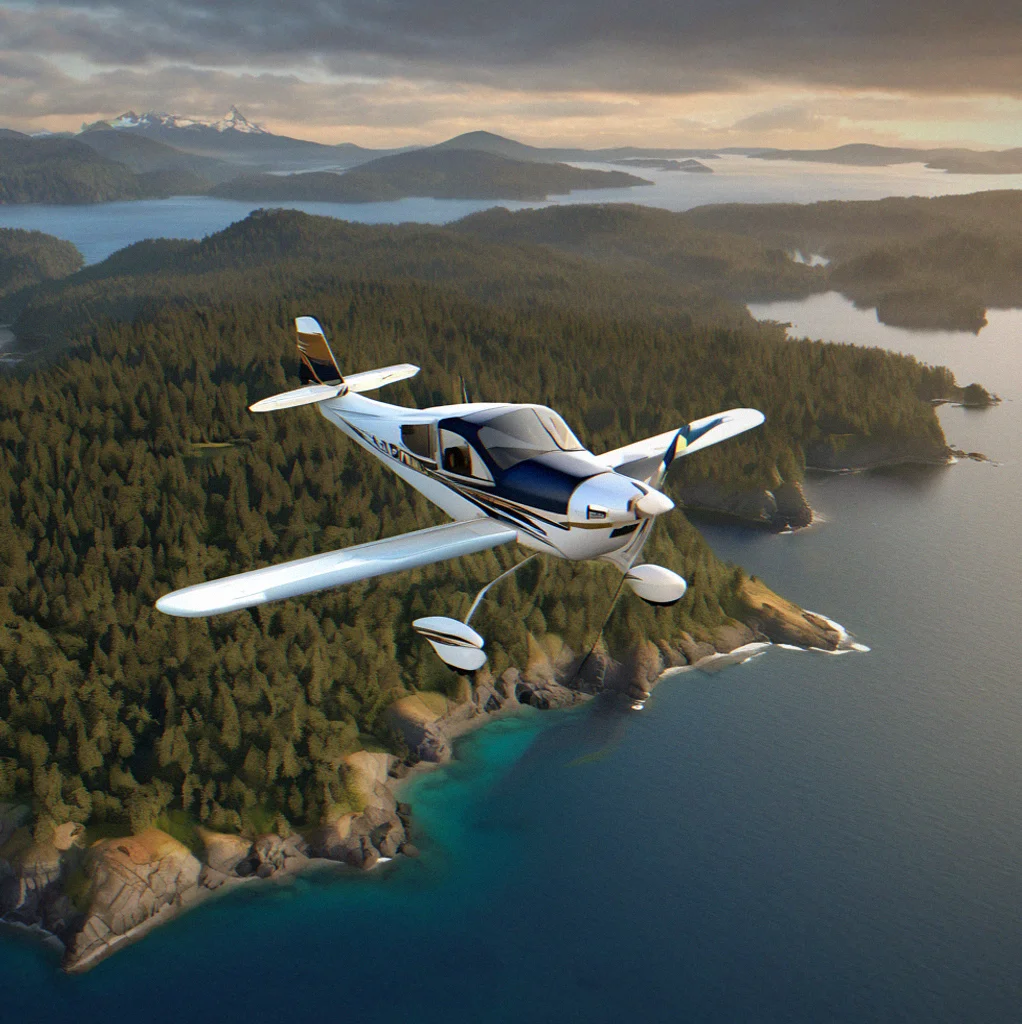 Island-hopping route over San Juan Islands with water channels between forested islands and mainland peaks in distance