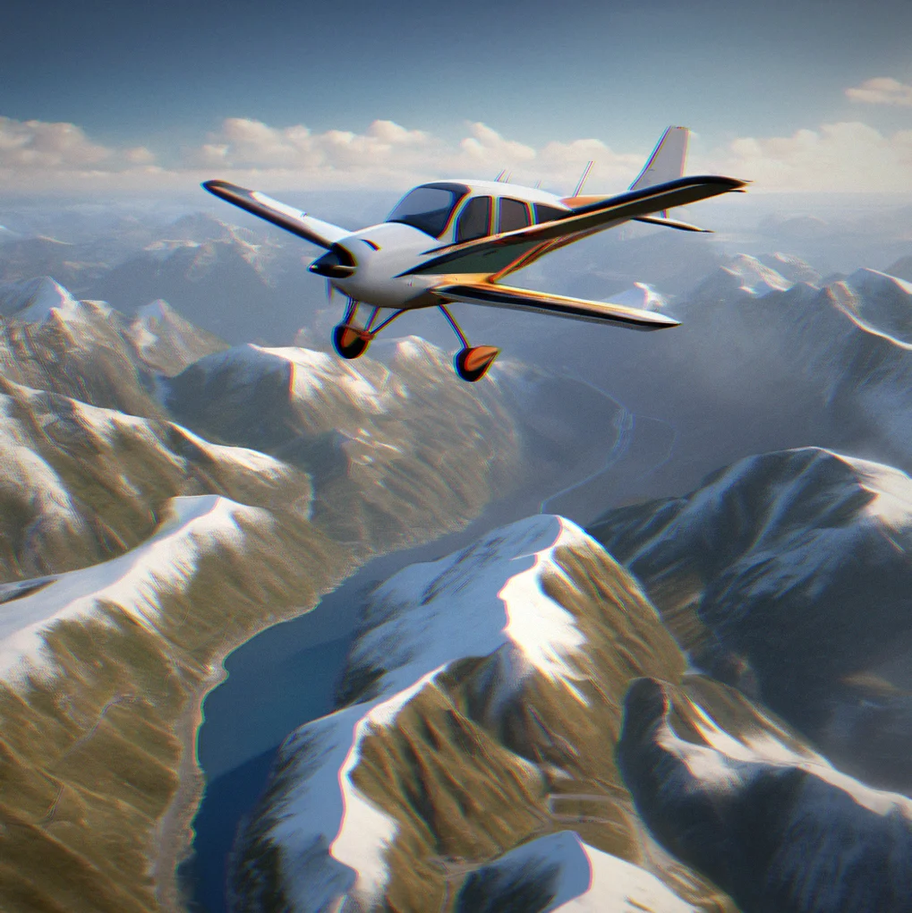 High elevation mountain pass with snow patches visible in shaded ravines and aircraft yoke framing the approach