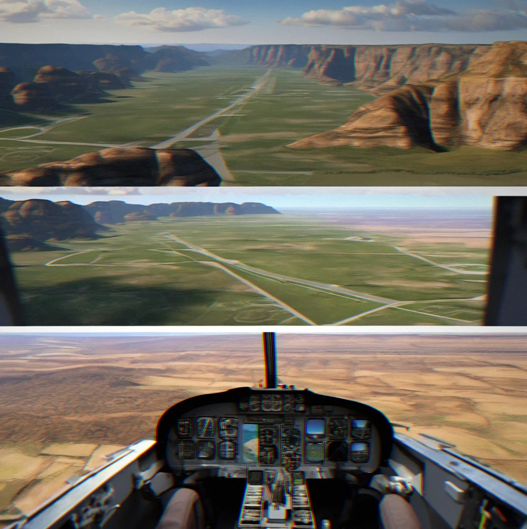 Cockpit view of Cessna approaching a narrow canyon with striped rock walls rising on both sides and a grass runway visible at canyon floor