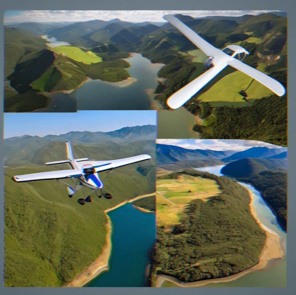 Aerial view of interconnected mountain lakes with forested slopes and a small aircraft shadow moving across reflective water surface