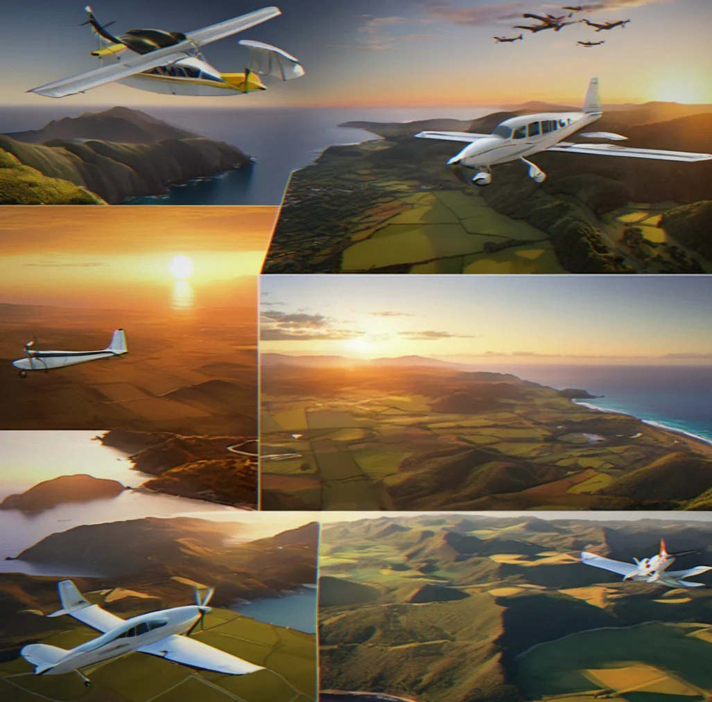 Sunset approach over coastal ridge with ocean stretching to horizon and landing lights visible on small airstrip nestled in coastal valley