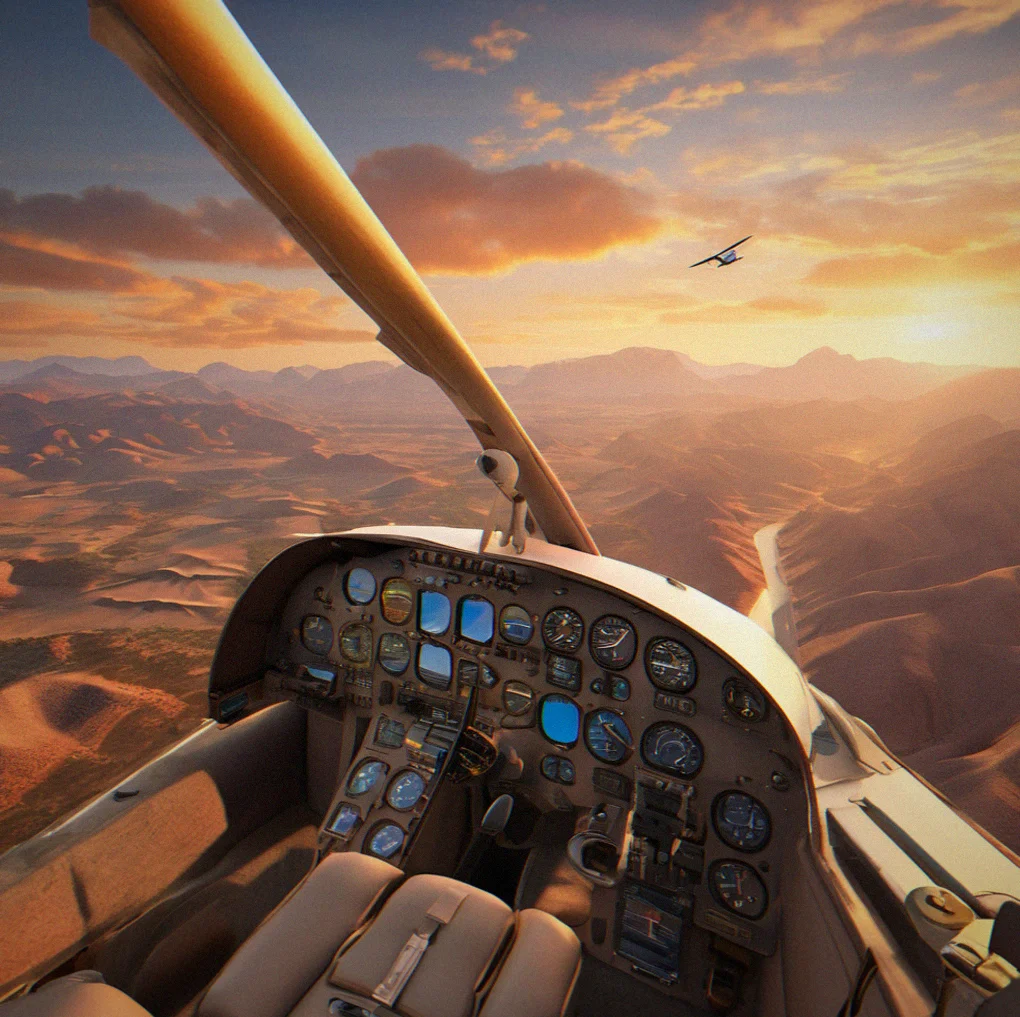 Cessna aircraft banking over a desert canyon at sunset with golden light across sandstone ridges