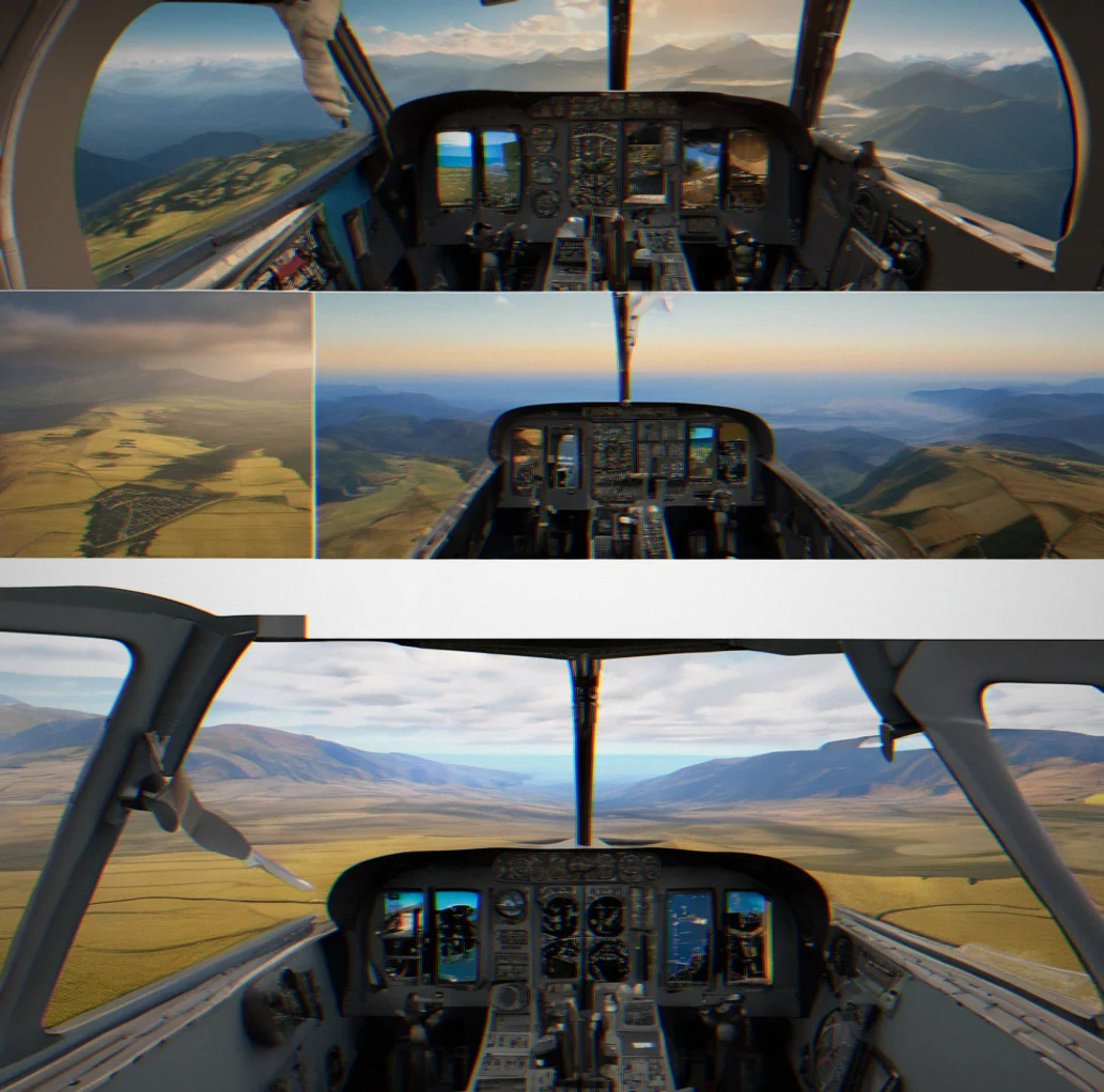 Interior of small aircraft cockpit showing yoke, throttle, and windscreen view of mountain terrain