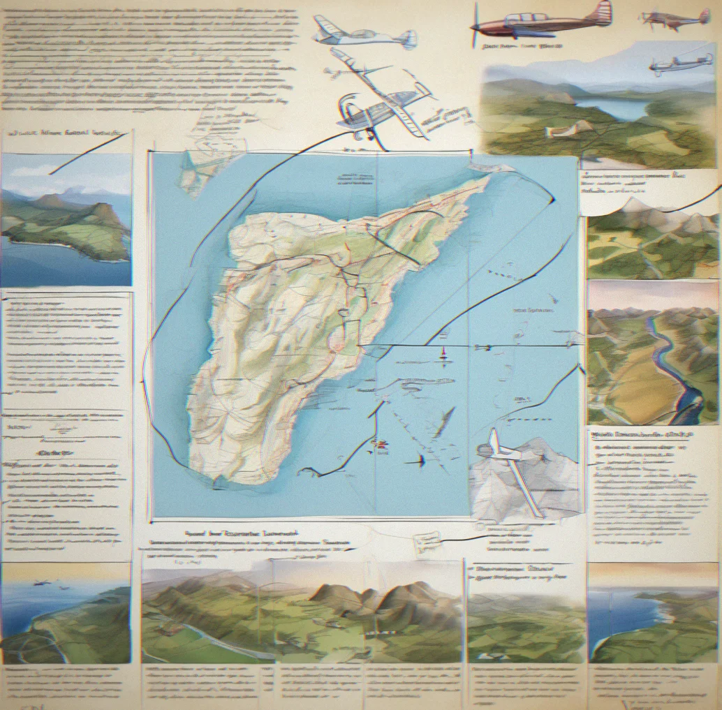 Paper flight plan with handwritten notes and topographic map showing highlighted route corridor