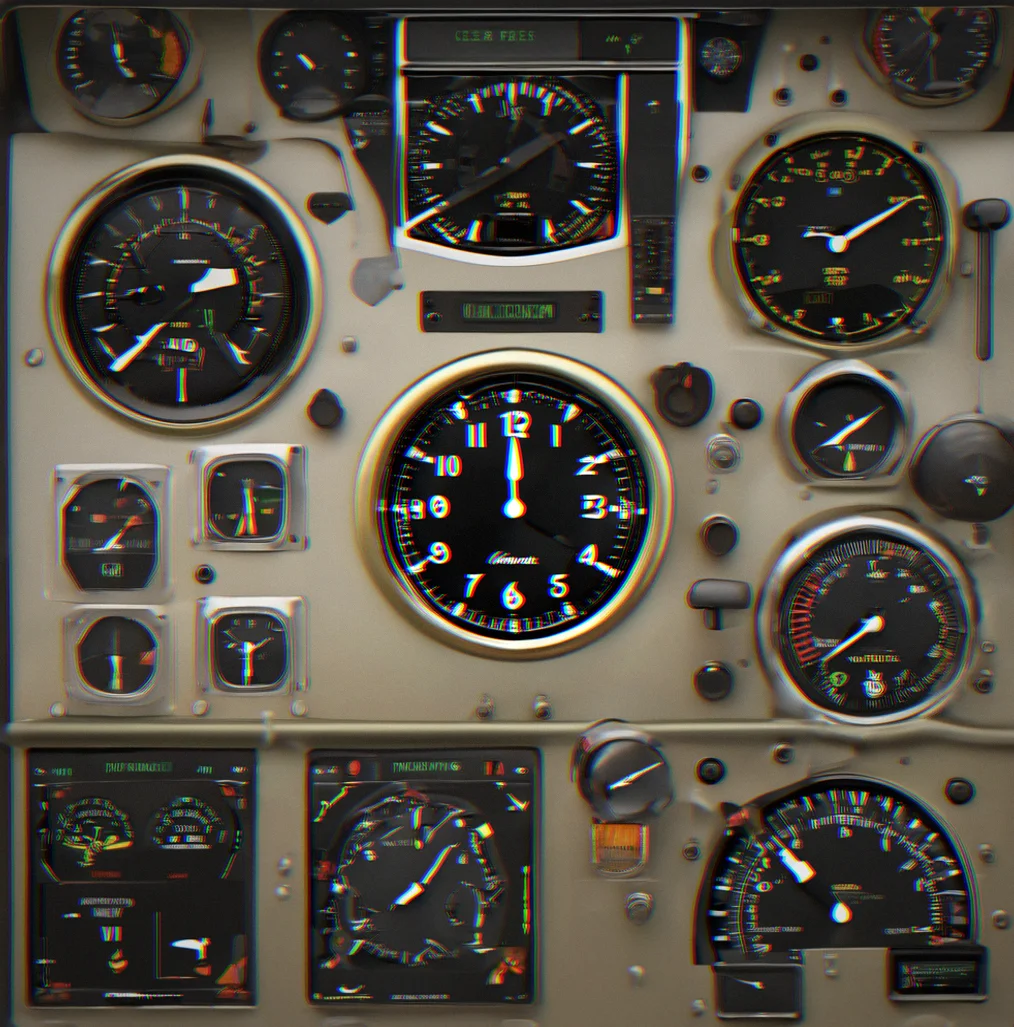 Analog clock face on instrument panel showing steady passage of time without urgency