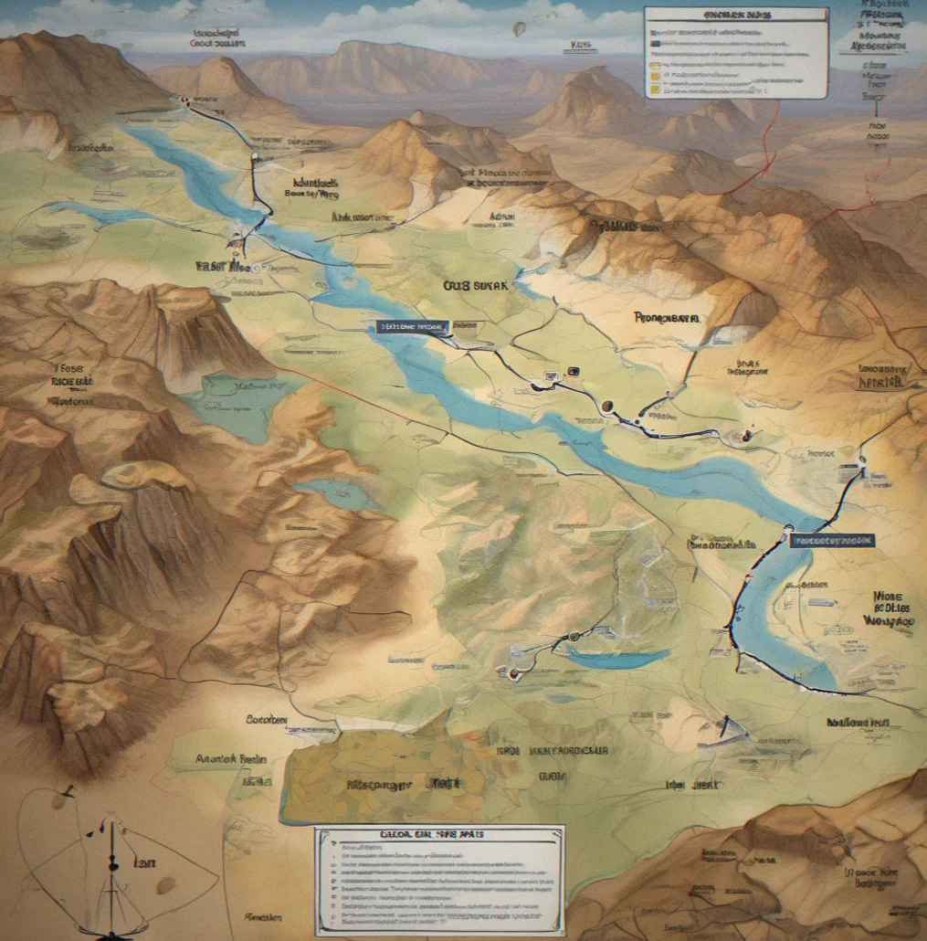Topographic map with hand-drawn route marked across desert terrain and labeled waypoints