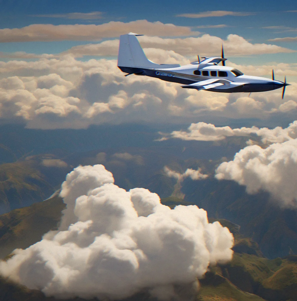 Cumulus clouds building vertically over mountain ridge with aircraft banking into thermal updraft