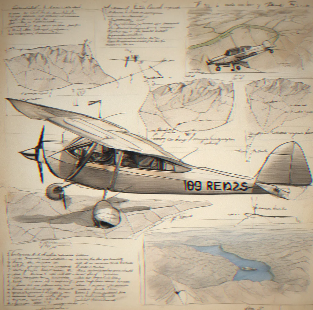 Handwritten flight notes on paper with pencil sketches of terrain features and wind annotations