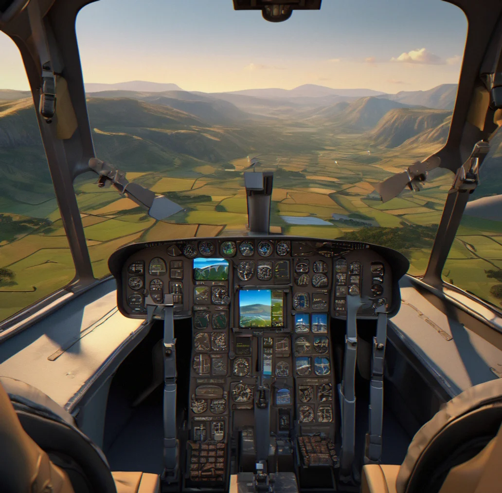 Quiet cockpit interior with minimal instrumentation and clear view of peaceful valley landscape