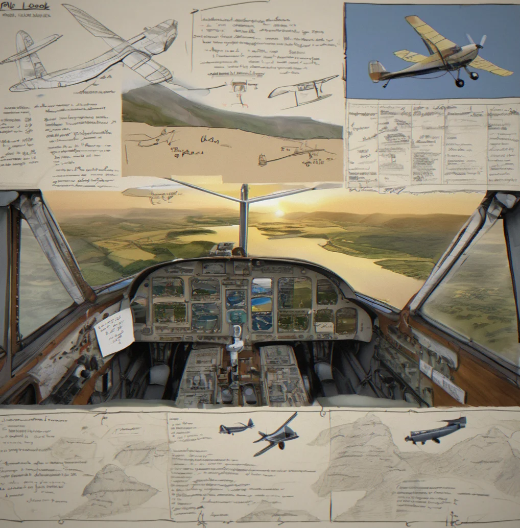 Pilot's logbook lying open with handwritten flight notes and sketched landmarks from recent flights